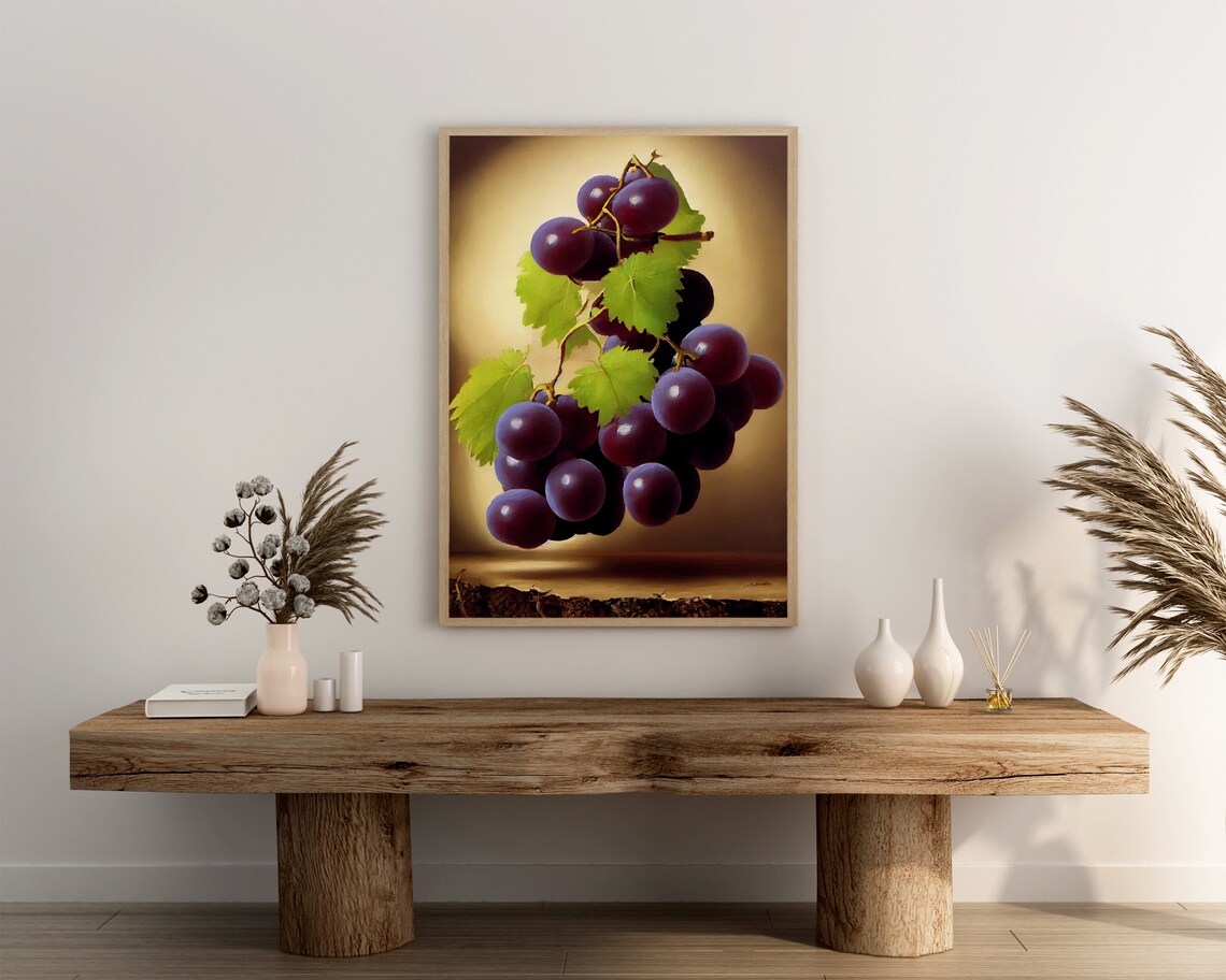 Dark Purple Grapes Still Life Painting With Green Leaves Golden Glow Poster - Image 3