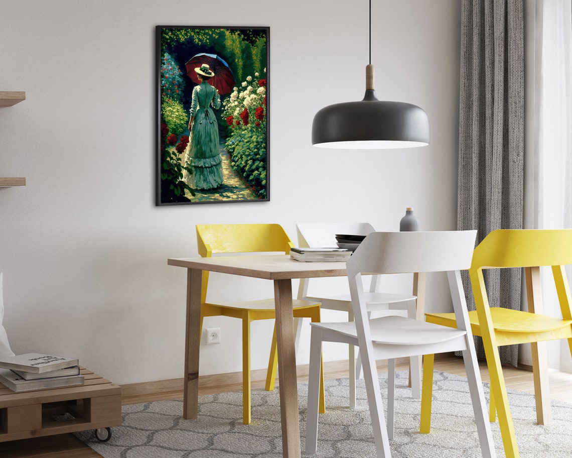Victorian Lady With Red Parasol Strolling a Summer Rose Garden Poster - Image 2