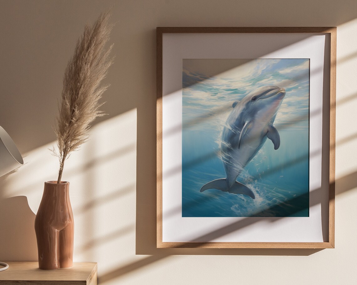 Dolphin Swimming Up Through Sunlit Water Dreamy Ocean Wildlife Painting Poster - Image 4