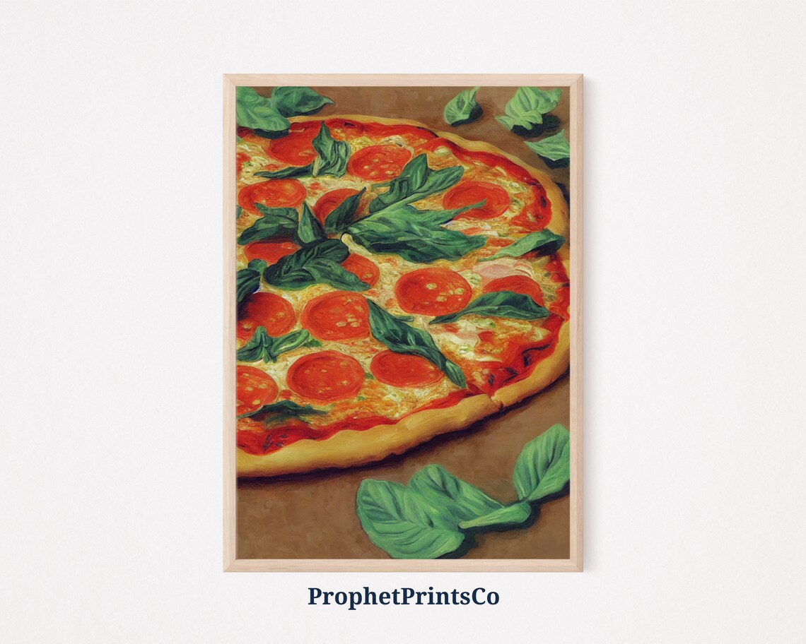 Pepperoni Basil Pizza Oil Painting Italian Kitchen Food Art Poster