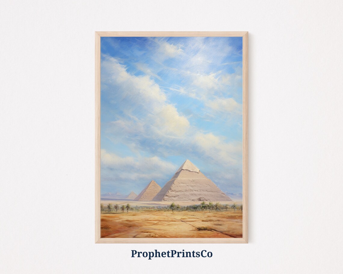 Giza Pyramids Blue Sky Daytime Oil Painting Egypt Travel Poster