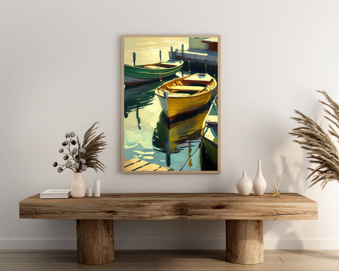 Golden Rowboat Reflection Harbor Boats Impressionist Nautical Art Poster - Image 3