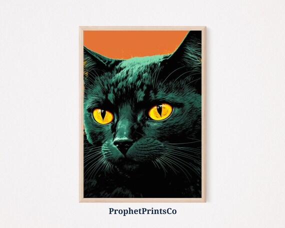 Black Cat Pop Art Poster Fierce Orange Eyes on Bold Orange Background