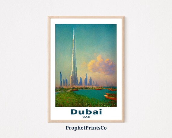 Dubai UAE Burj Khalifa Over Water Boats Impressionist Travel Poster