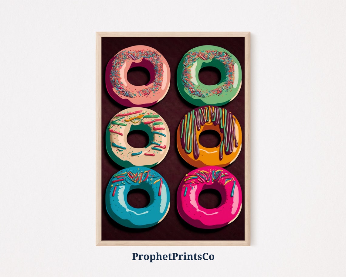 Six Colorful Glazed Donuts Pop Art Grid Modern Kitchen Wall Poster