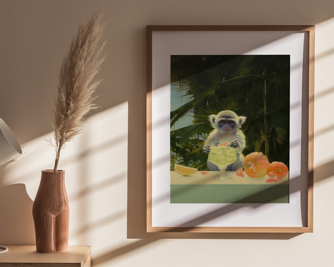 Monkey Cocktail Print Monkey Gentleman Print Retro Wall Art Cute Preppy Apartment Wall Art Wall Art - Image 4
