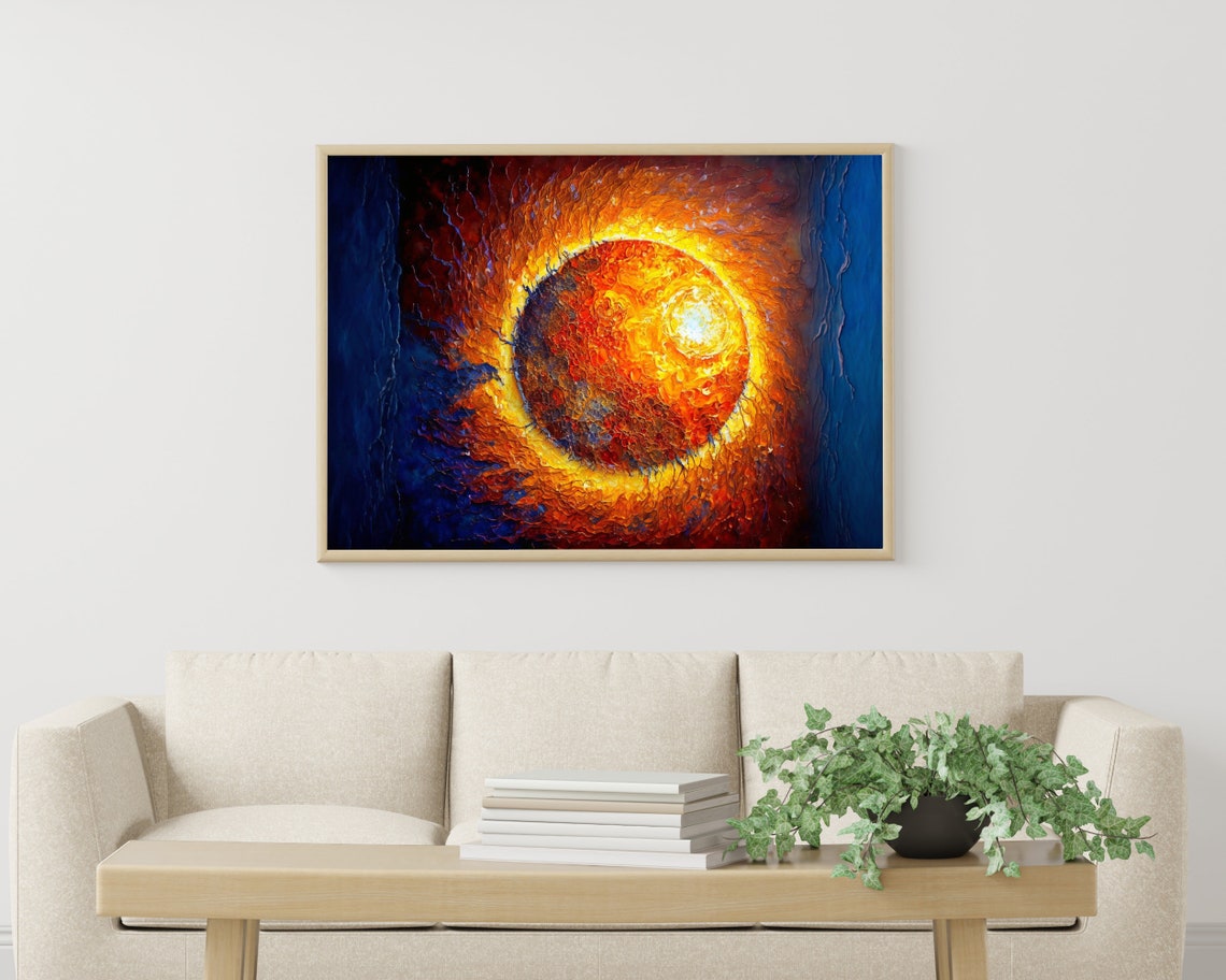 Fiery Sun With Golden Corona Ring Deep Blue Space Art Poster - Image 3