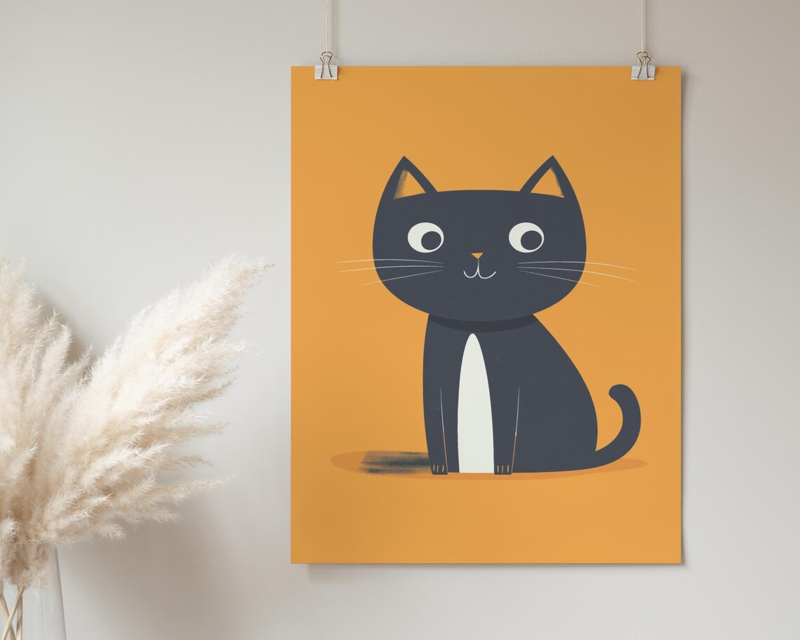Cute Black Cat Cartoon Orange Background Playful Kids Decor Poster - Image 2