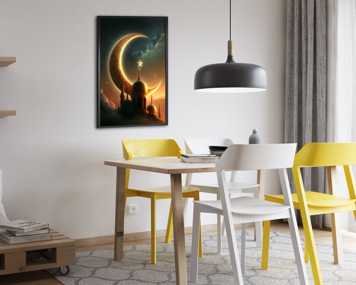 Glowing Golden Crescent Moon Over Mosque Domes Sunset Sky Art Poster - Image 2