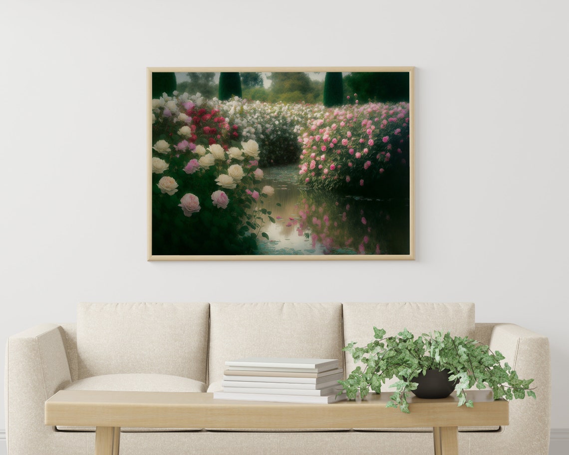 White Pink Rose Garden Path Romantic Floral Oil Painting Poster - Image 3