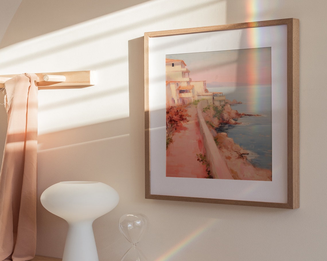Coastal Cliffside Village Sunset Walkway Oil Painting Poster - Image 3