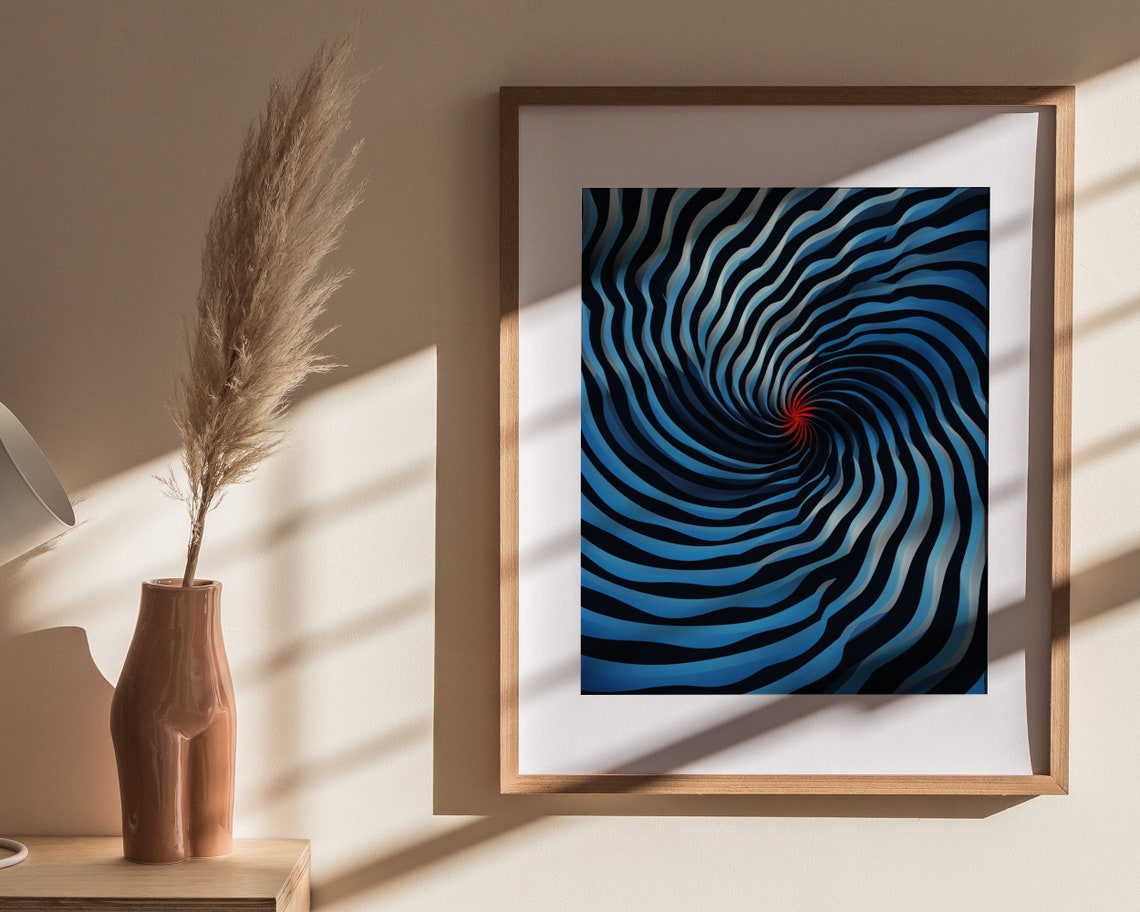 Blue Swirl Optical Illusion Vortex With Red Center Op Art Poster - Image 4