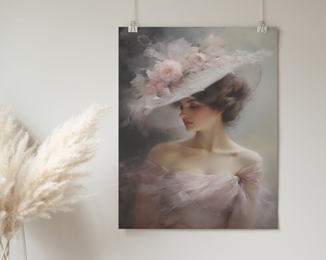 Elegant Lady Wide Brim Rose Hat Off Shoulder Vintage Portrait Poster - Image 2