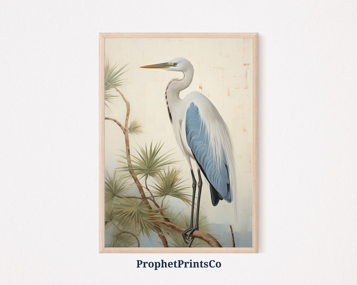 White Heron Perched On Branch Minimalist Cream Bird Art Poster