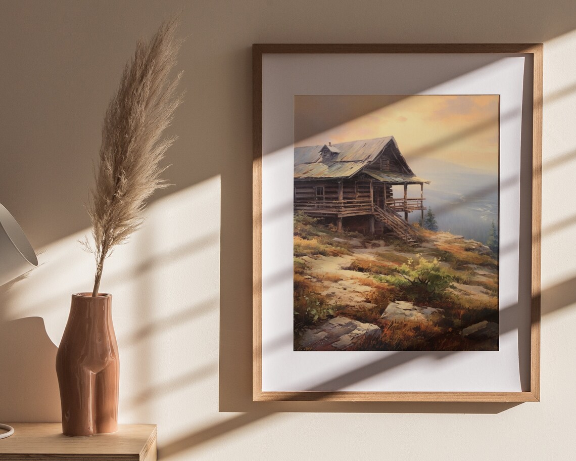 Log Cabin Clifftop Golden Hour Overlook Rustic Oil Painting Poster - Image 4