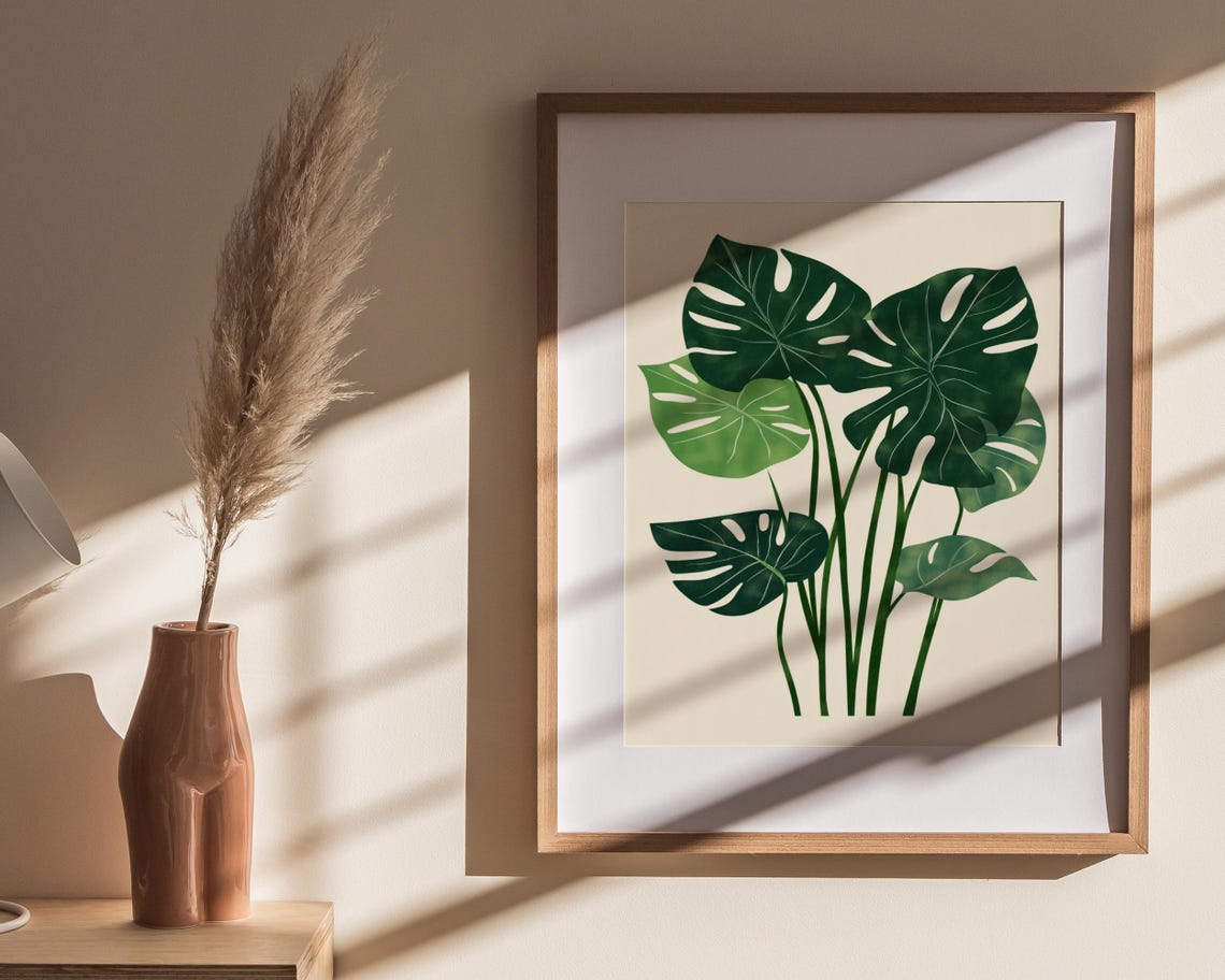 Monstera Leaves Tropical Botanical Watercolor Greens Modern Poster - Image 4
