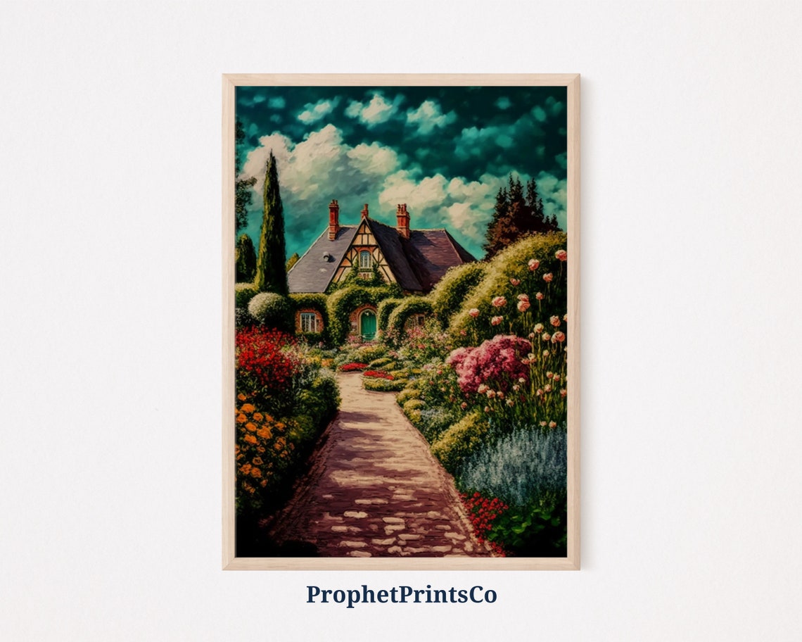 French Country Cottage Garden Poster Tudor House Bloom Path Design