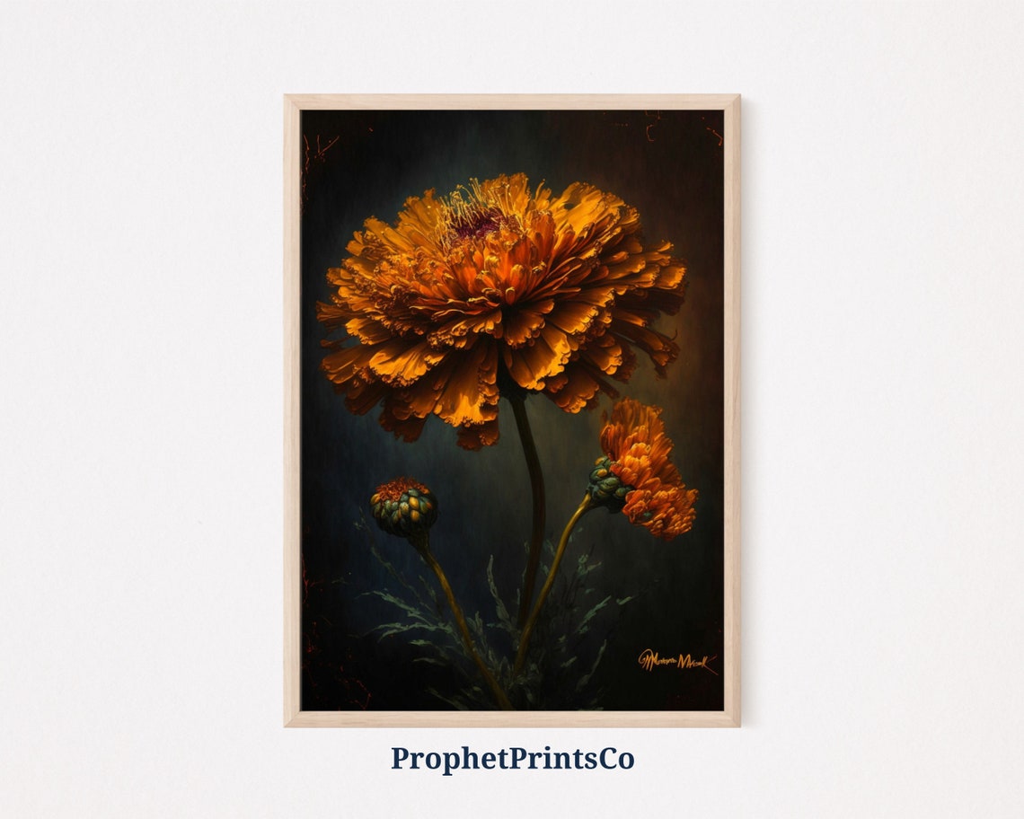 Burnt Orange Marigold Bloom Painterly Moody Dark Botanical Poster
