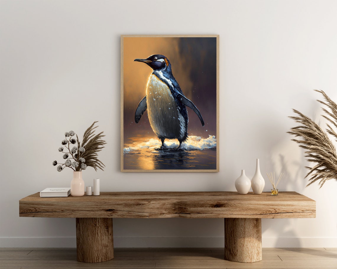 Penguin on Icy Shore Golden Sunset Glow Wildlife Nature Poster - Image 3