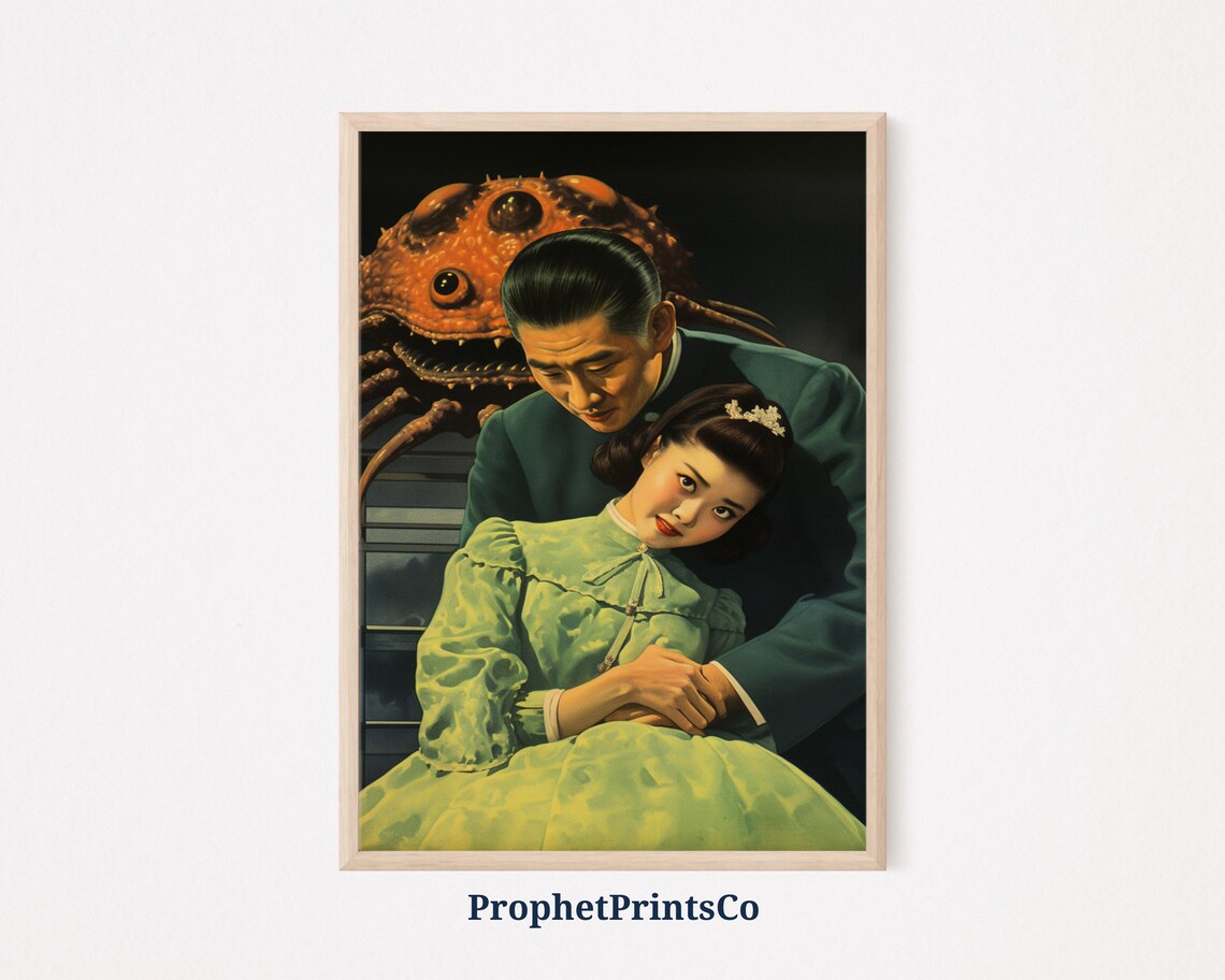 Retro Japanese Sci-Fi Horror Giant Crab Monster Couple Movie Poster