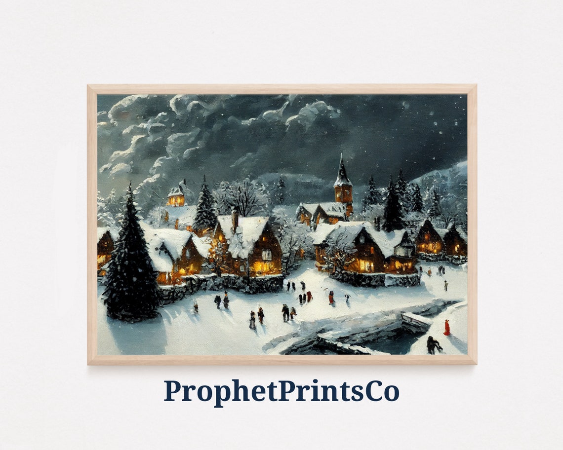 Snowy Village At Night Winter Skating Vintage Christmas Scene Poster