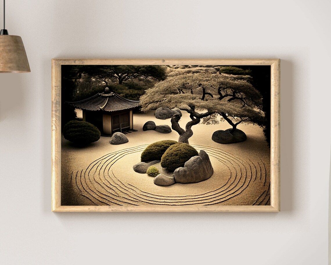 Japanese Zen Garden With Pagoda Pine Trees And Raked Sand Poster - Image 2