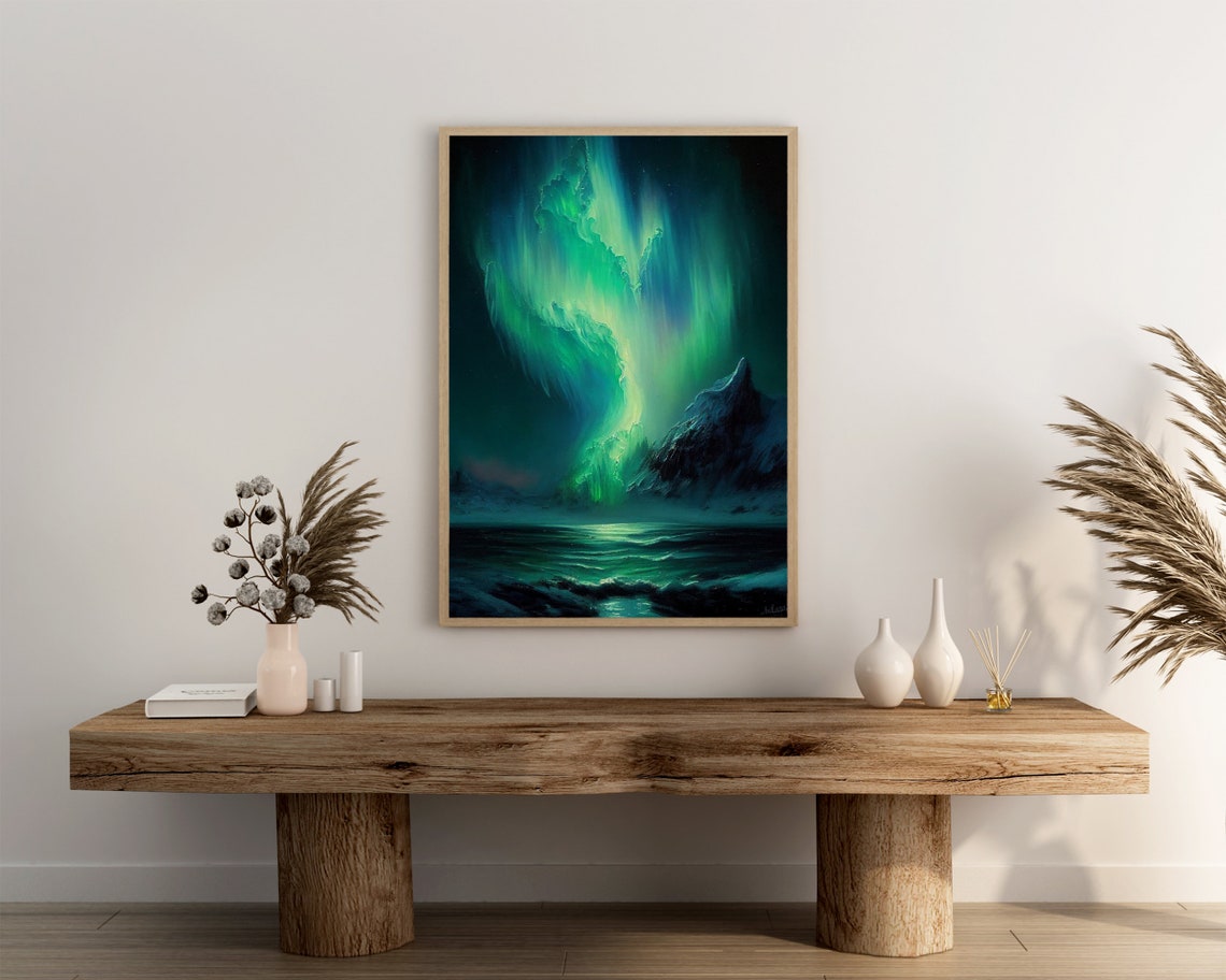 Green Aurora Swirling Over a Dark Ocean and Rugged Mountain Poster - Image 3