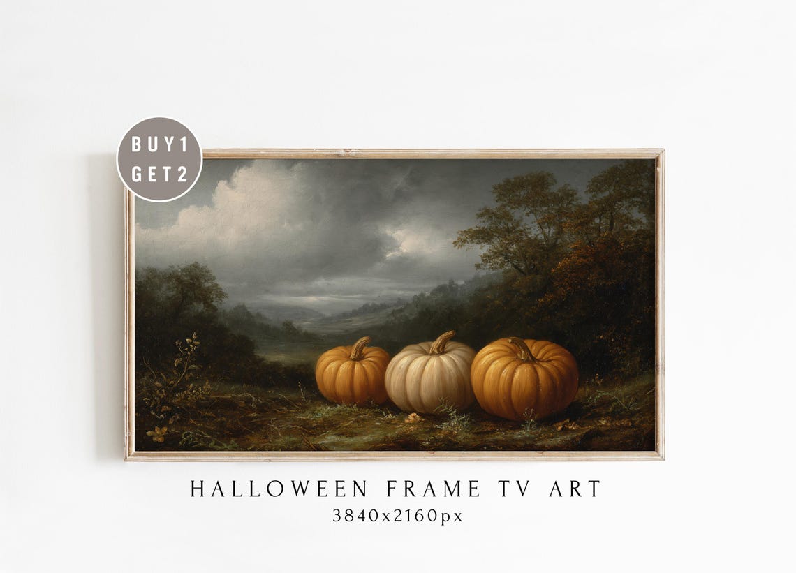 Vintage Moody Pumpkin Patch Halloween Landscape Frame TV Art Poster
