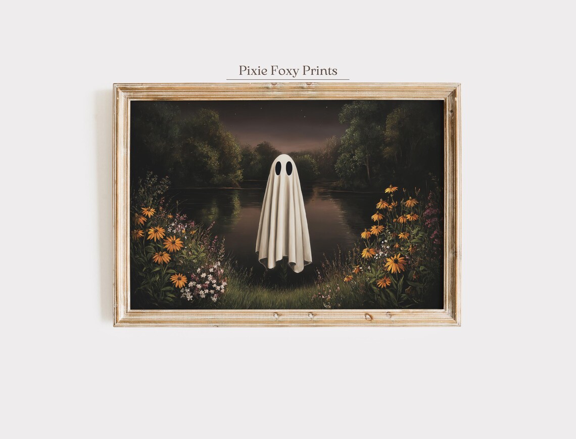 Cute Ghost by Moonlit River Among Wildflowers Halloween Poster
