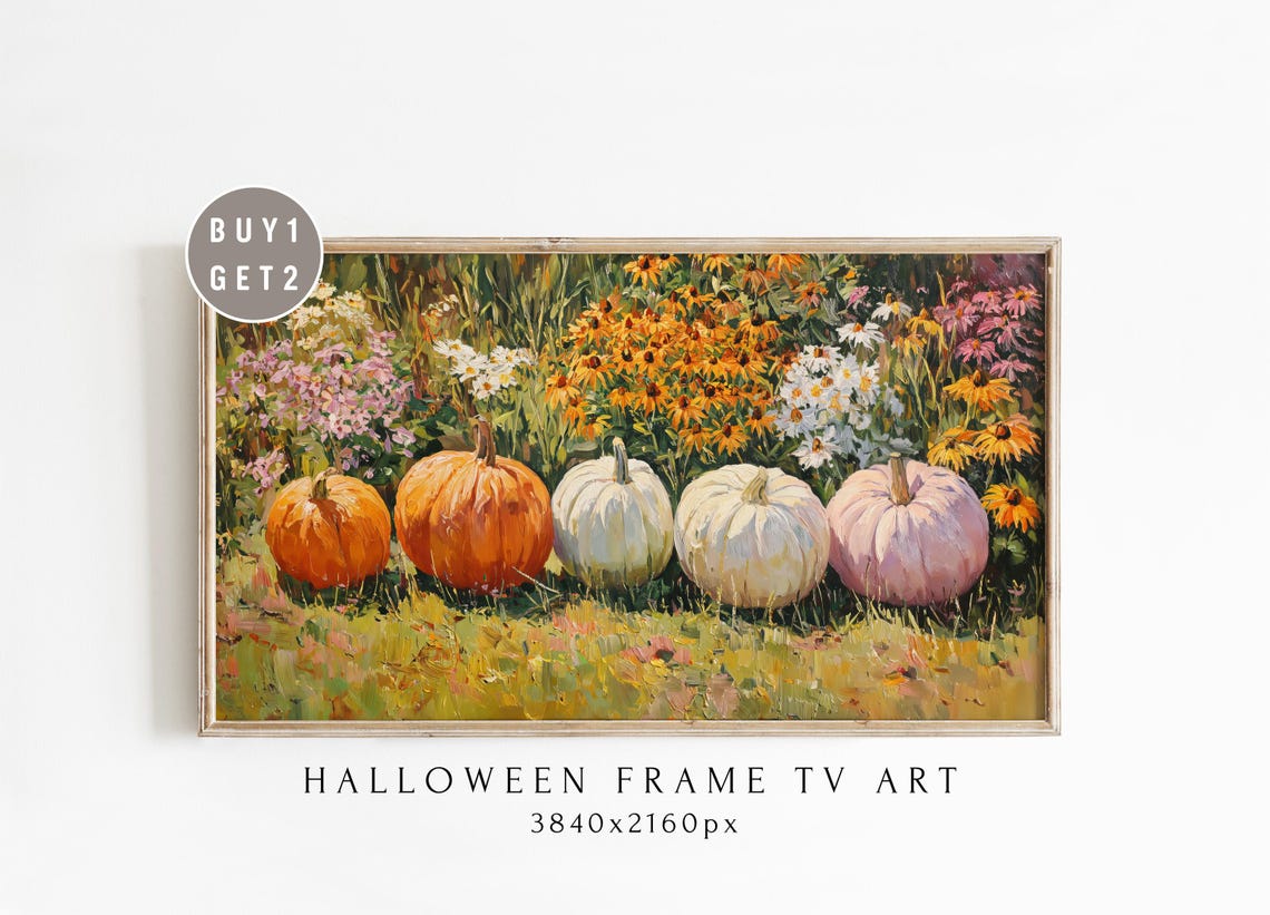 Five Pumpkins in Blooming Wildflower Garden Fall Frame TV Art Poster