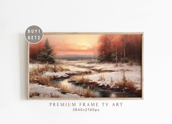 Sunset Winter Landscape Art For Frame Tv Tranquil River Scene In Snow Warm Glow Rustic Nature