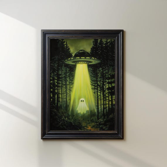 Abducted By Ufo Art Print Whimsical Halloween Decor Fun And Spooky Wall For Fall Season