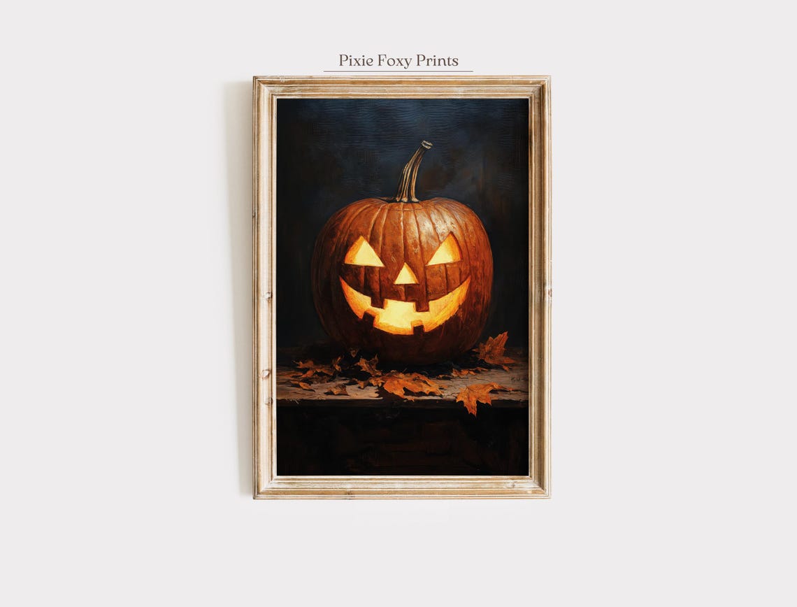Jack O Lantern Pumpkin Print Vintage Halloween Wall Art Rustic Spooky Fall Decor Glowing Painting Autumn