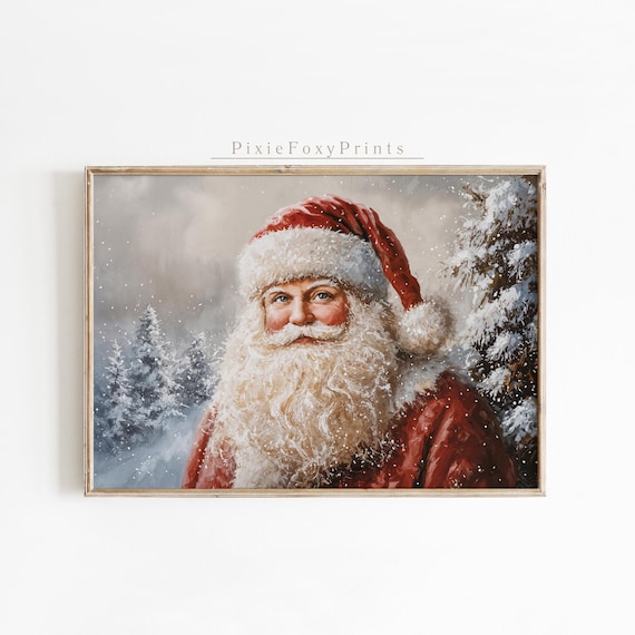 Smiling Santa Claus Vintage Oil Portrait in Snowy Forest Print
