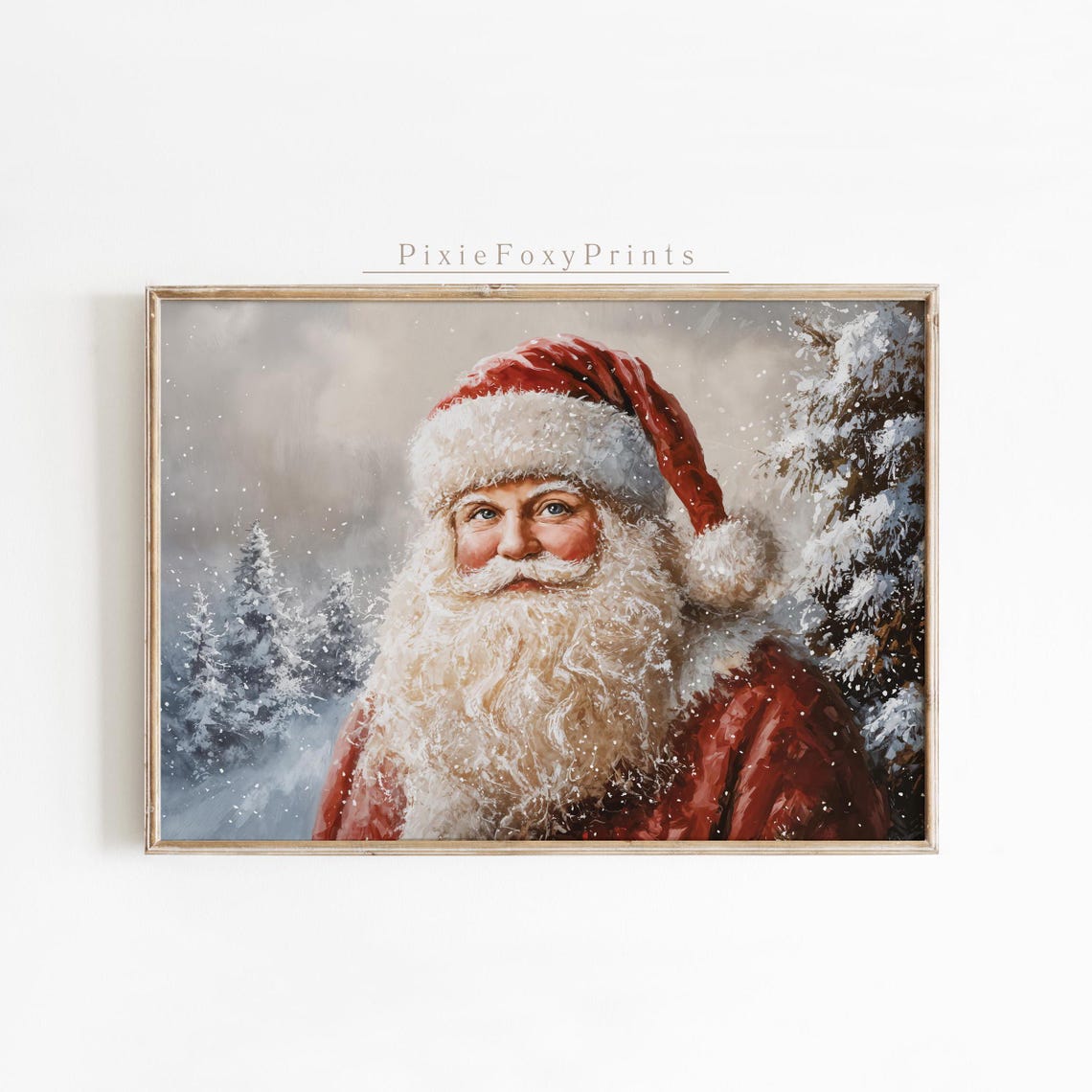 Smiling Santa Claus Vintage Oil Portrait in Snowy Forest Print
