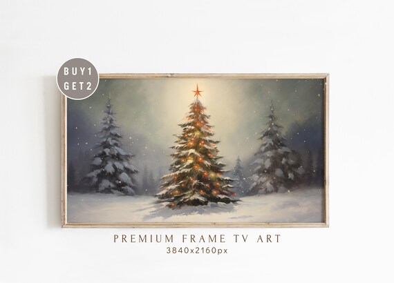 Lit Christmas Tree in Snowy Forest Night Vintage Frame TV Art Print