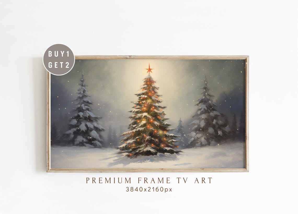 Lit Christmas Tree in Snowy Forest Night Vintage Frame TV Art Print