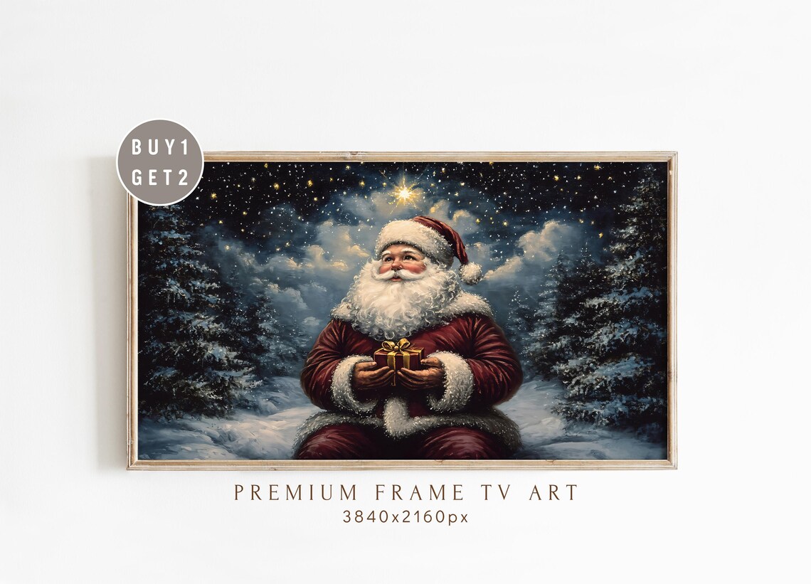 Santa Claus with Gift Under Starry Winter Sky Christmas TV Art Print