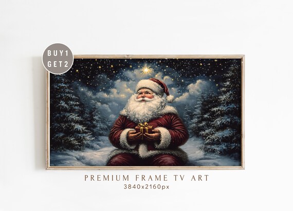 Santa Claus with Gift Under Starry Winter Sky Christmas TV Art Print