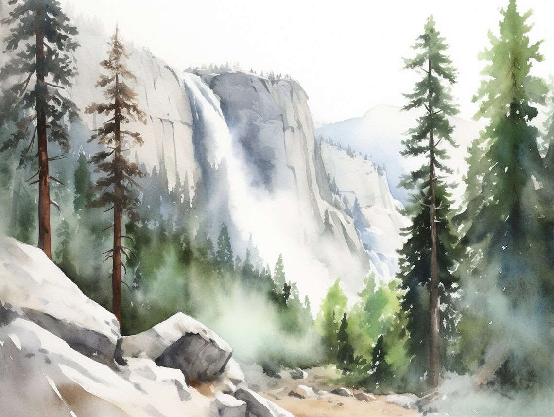 Yosemite Watercolor Art Print, El Capitan Landscape