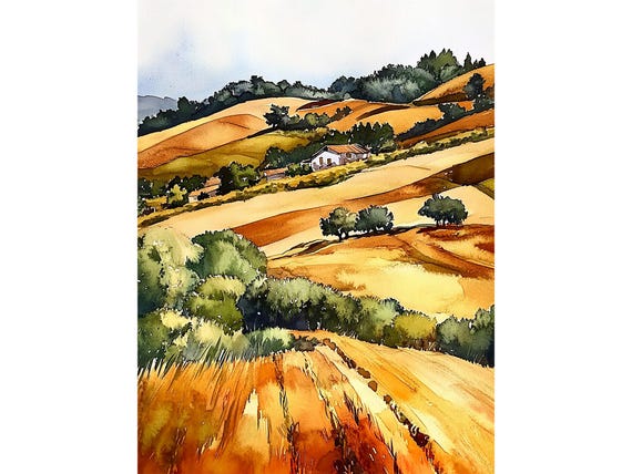 San Joaquin Painting California Hills Print Farm Watercolor Landscape Art Print Forest Field Wall Art Oak Tree Artwork