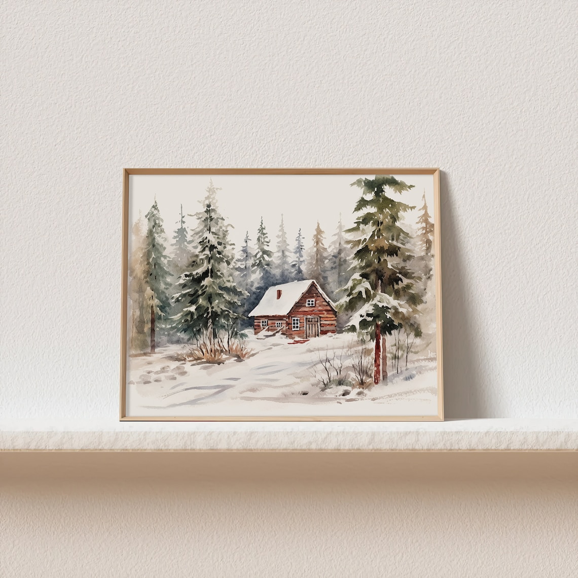 Winter Cabin Snow Scene Watercolor Art Print - Image 2
