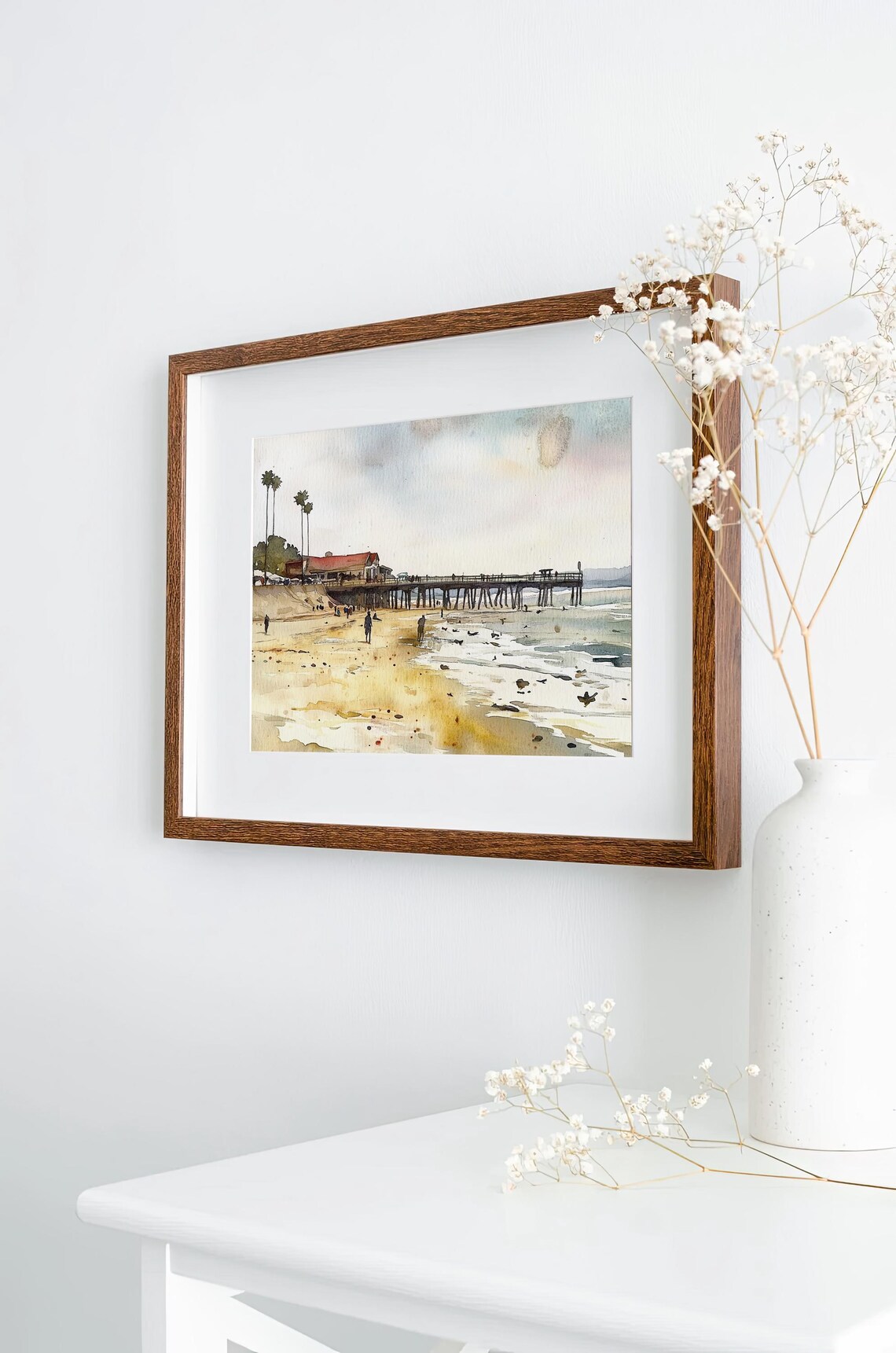 Sunny California Beach Pier with Tall Palm Trees Watercolor Poster - Image 2