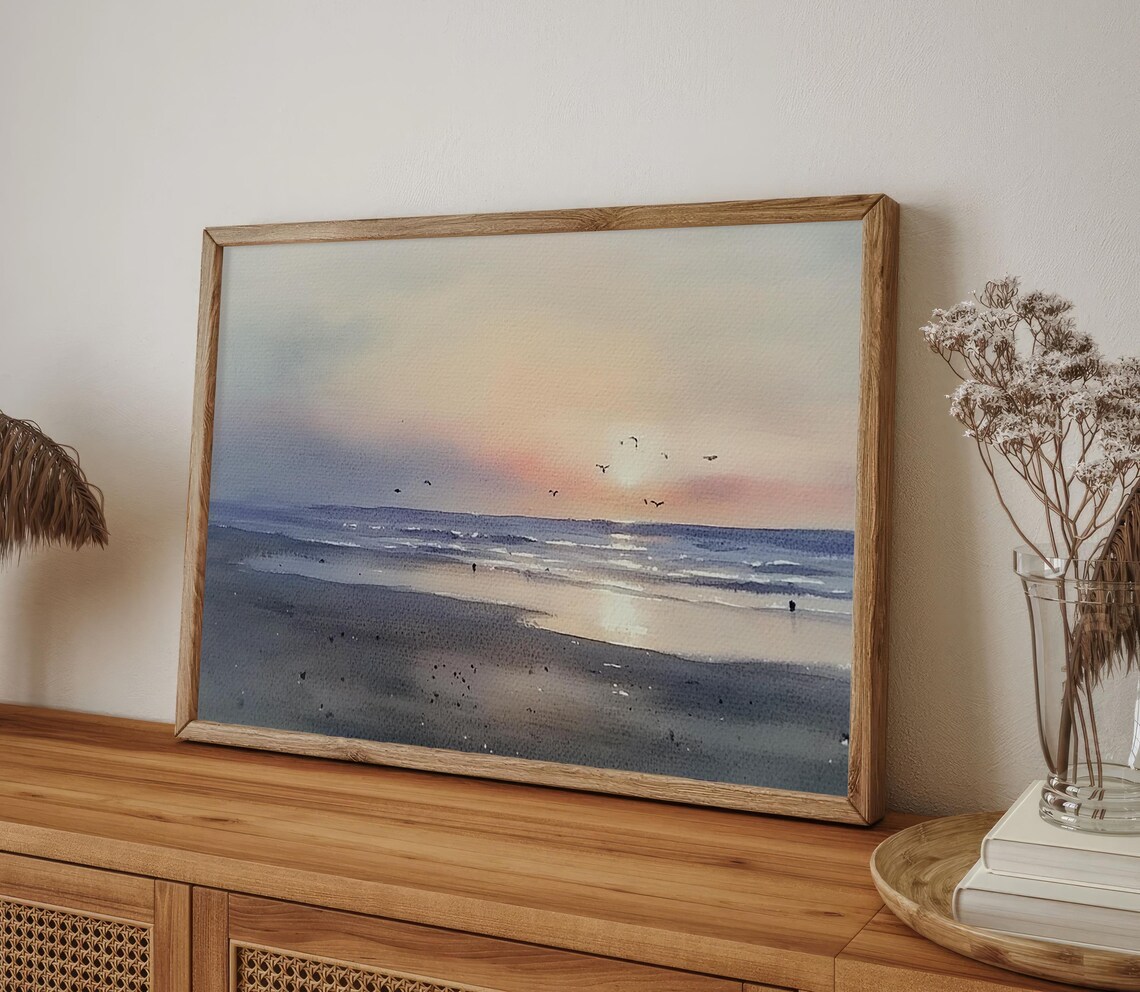 Sunrise On Beach Watercolor Art Print, Seagull - Image 4