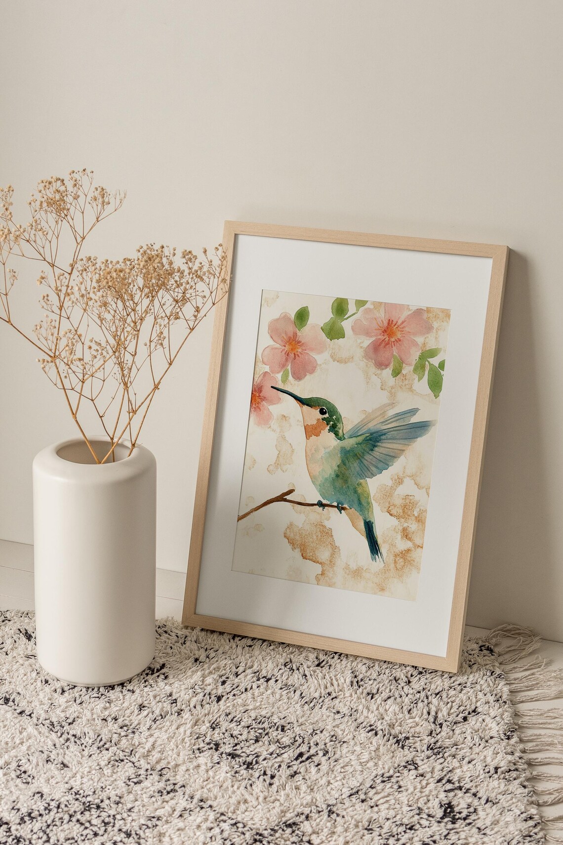 Hummingbird Perched Among Pink Blossoms Watercolor Bird Floral Poster - Image 3