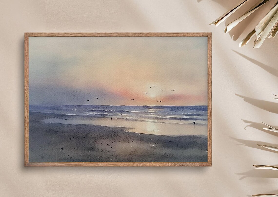 Sunrise On Beach Watercolor Art Print, Seagull - Image 3