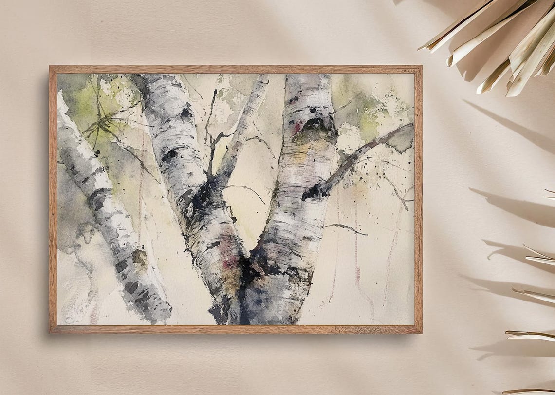 White Birch Tree Trunks in Soft Watercolor Forest Close Up Poster - Image 3