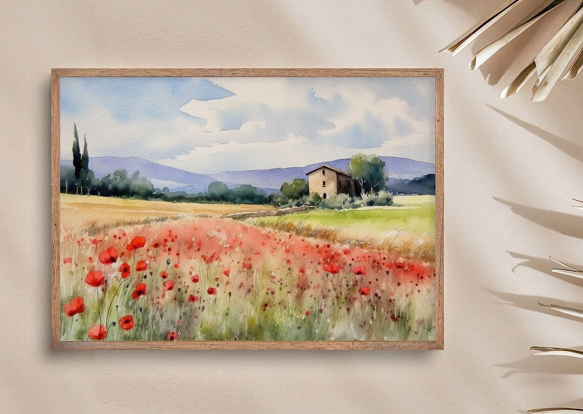 Tuscany Poppy Field Watercolor Art Print, Italy - Image 2