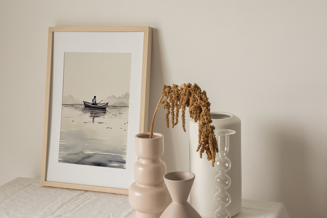 Fisherman Painting Watercolor Lake Superior Art Print Row Boat Wall Art Neutral Blue Poster Fishing Lake House Decor - Image 2