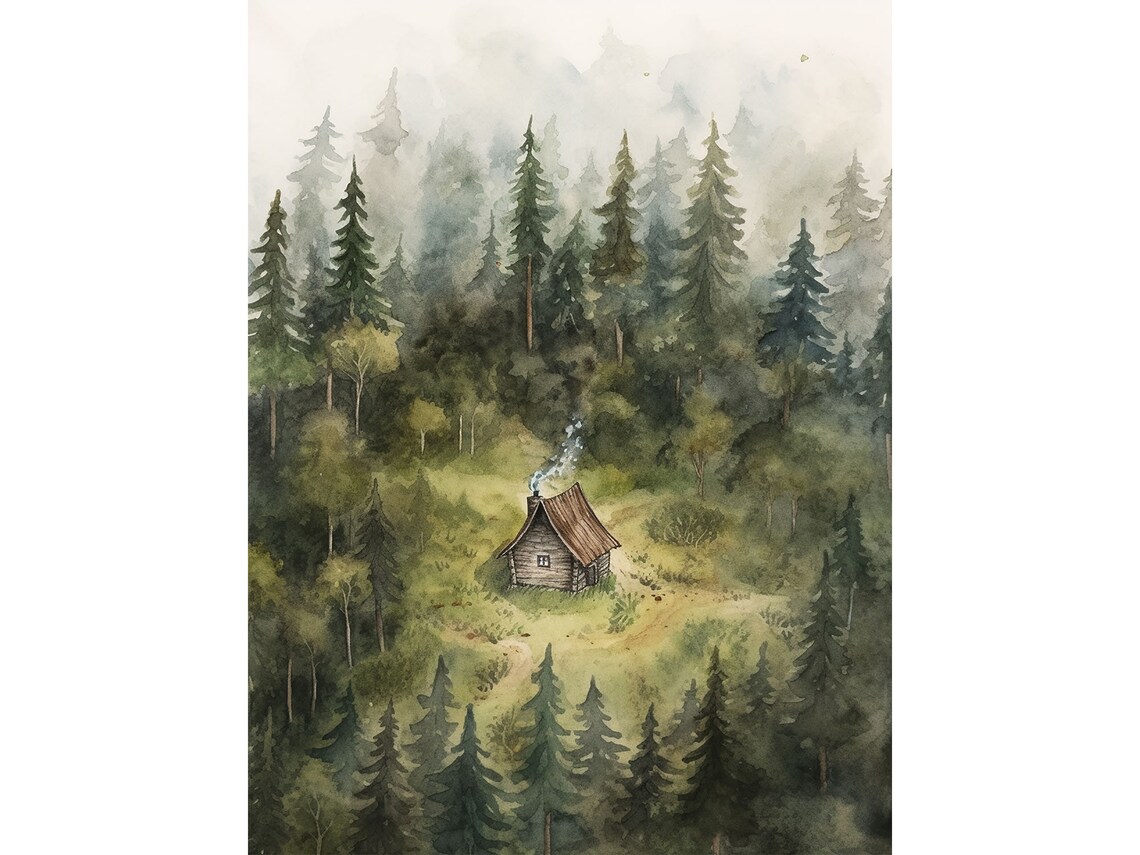 Gatlinburg Evergreen Watercolor Forest Hut Art Print